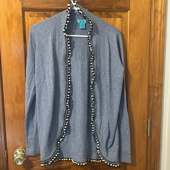 Two Bees Cashmere Ellery Cardigan—Blue Pom Pom - Picture 2 of 6